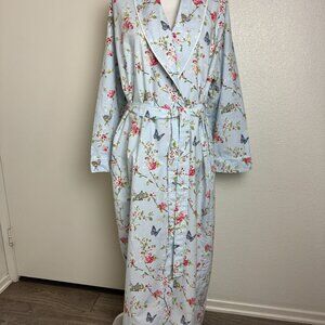 The Vermont Country Store Cotton Floral Robe Blue Butterfly Flower Print Sz M